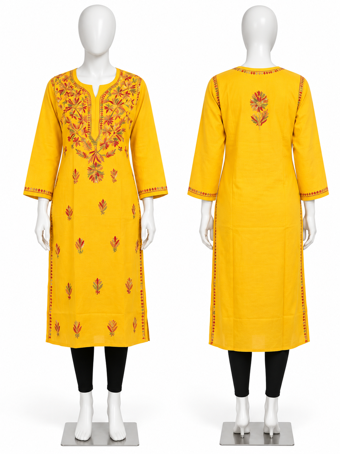 Women’s Mustard Yellow Floral Embroidered Straight Kurti