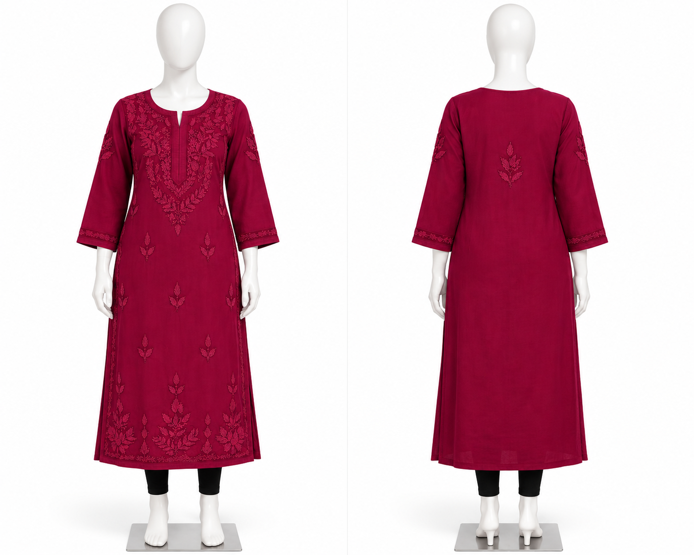 Women’s Wine Floral Embroidered Straight Kurti