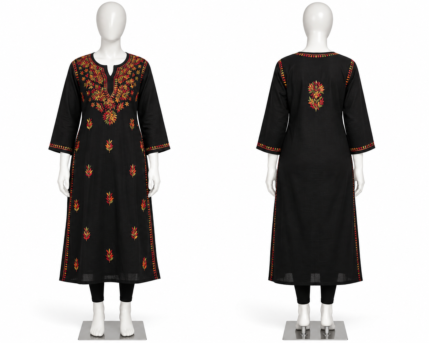 Women’s Black Floral Embroidered Straight Kurti